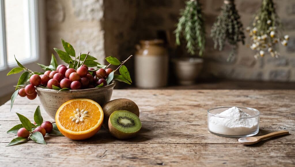 Bol de baies de camu camu, orange coupée et kiwi à gauche, coupelle de poudre blanche à droite, table en bois.
