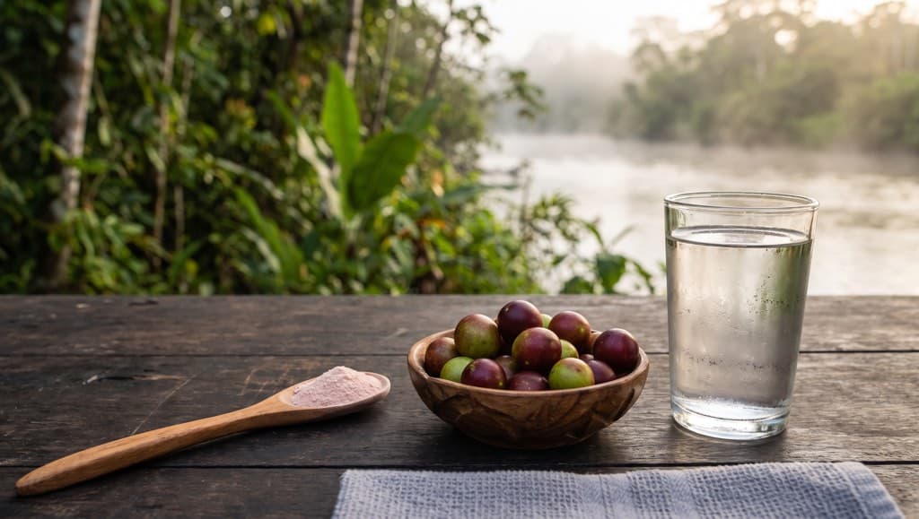 Bol de baies de camu camu, cuillère en bois de poudre de camu camu et verre d'eau sur une table en bois, au lever du jour au bord d'un fleuve