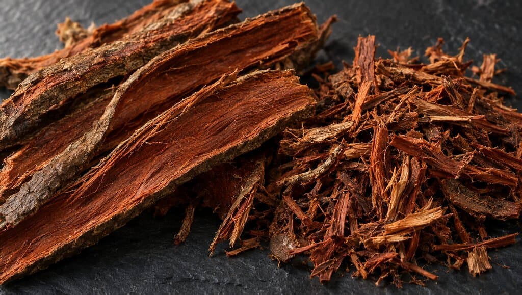 Bandes d'écorce interne séchée d'Uncaria tomentosa sur ardoise sombre, montrant leur couleur brun-rouge et leur texture fibreuse