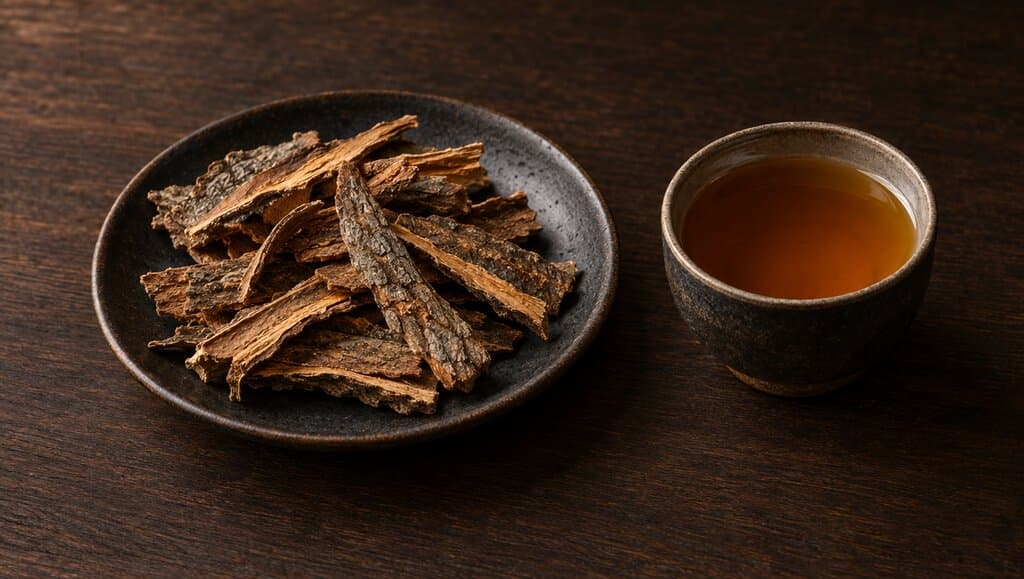Morceaux d'écorce séchée d'Uncaria tomentosa sur une assiette en céramique sombre à côté d'une tasse d'infusion ambrée