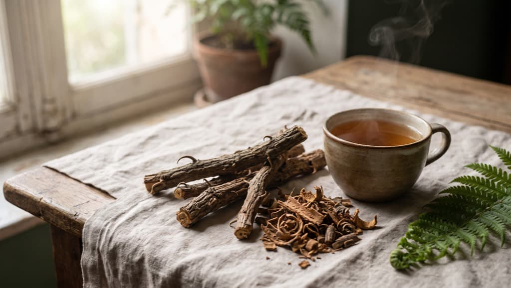 Écorces de griffe de chat, copeaux et tasse d'infusion fumante sur une nappe de lin, près d'une fenêtre