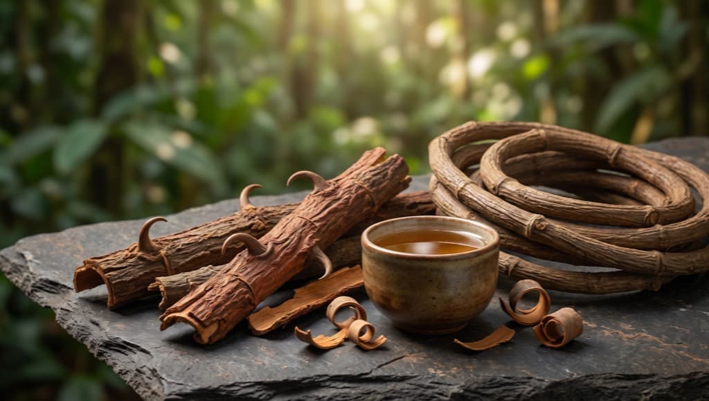 Écorces de griffe de chat aux épines recourbées, liane enroulée et tasse d'infusion sur une pierre sombre