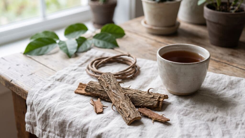 Écorces et liane de griffe de chat sur un lin clair, tasse d'infusion et feuilles, près d'une fenêtre.
