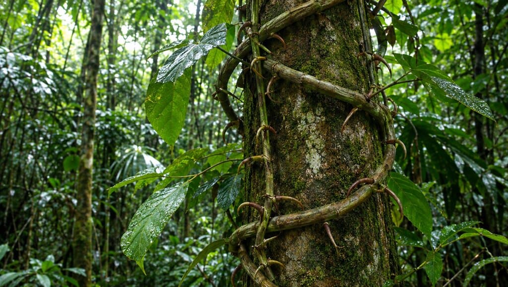 Liane d'Uncaria tomentosa s'enroulant autour d'un tronc d'arbre en forêt amazonienne dense, lumière verte filtrée par la canopée