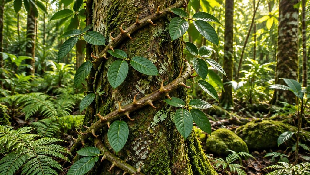 Liane Uncaria tomentosa en spirale autour d'un tronc tropical en Amazonie