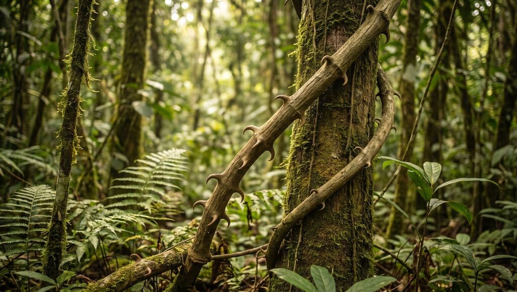 Liane de griffe de chat aux crochets recourbés, grimpant sur un tronc moussu en forêt amazonienne.