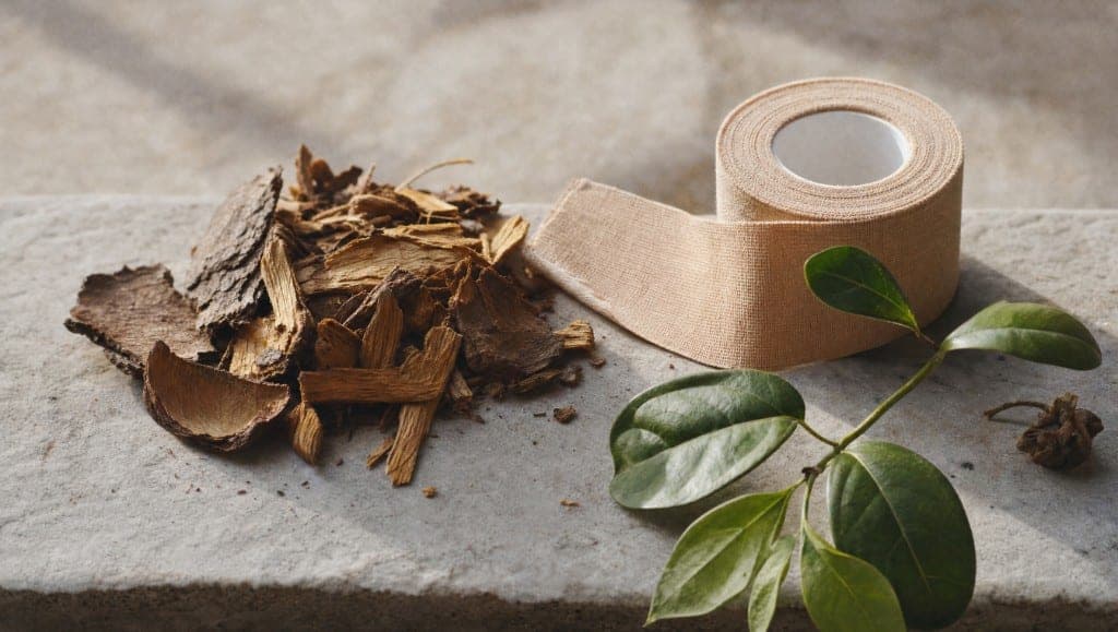 Copeaux d'écorce de griffe de chat et rouleau de bande adhésive de contention posés sur une pierre claire, avec une branche feuillue