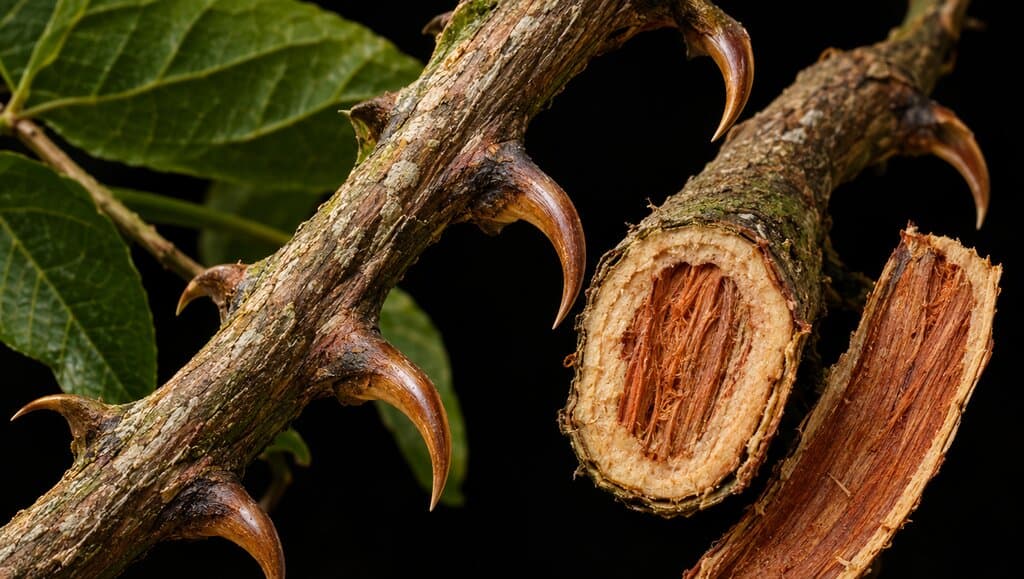 Liane d'Uncaria tomentosa montrant ses épines courbes caractéristiques en forme de griffes attachées à la tige ligneuse et à l'écorce interne