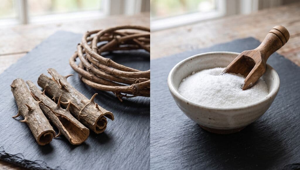Écorces de griffe de chat et couronne de liane à gauche, bol de poudre blanche cristalline à droite, sur ardoise.