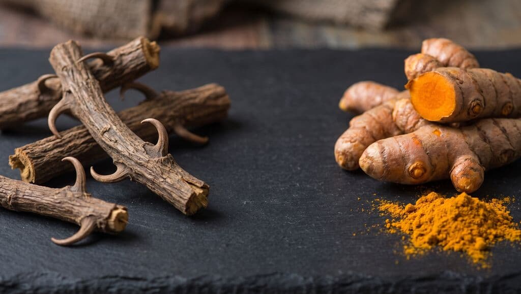 Écorces de griffe de chat à crochets à gauche, rhizomes et poudre de curcuma à droite, sur une ardoise.