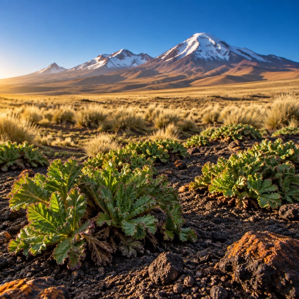Plants de maca sur les sols volcaniques de la puna andine en haute altitude, plateau de Junín.