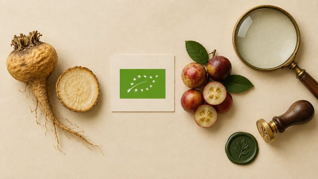 Logo bio europeen avec specimens botaniques et sceau, esthetique de certification.
