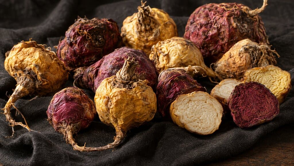 Racines de maca séchées de textures variées, du doré au rouge profond, certaines tranchées révélant leur intérieur, sur un linge sombre
