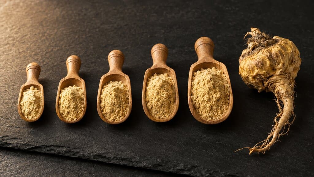 Portions mesurées de poudre de maca dorée dans de petites cuillères en bois alignées sur ardoise sombre, racine de maca séchée à côté