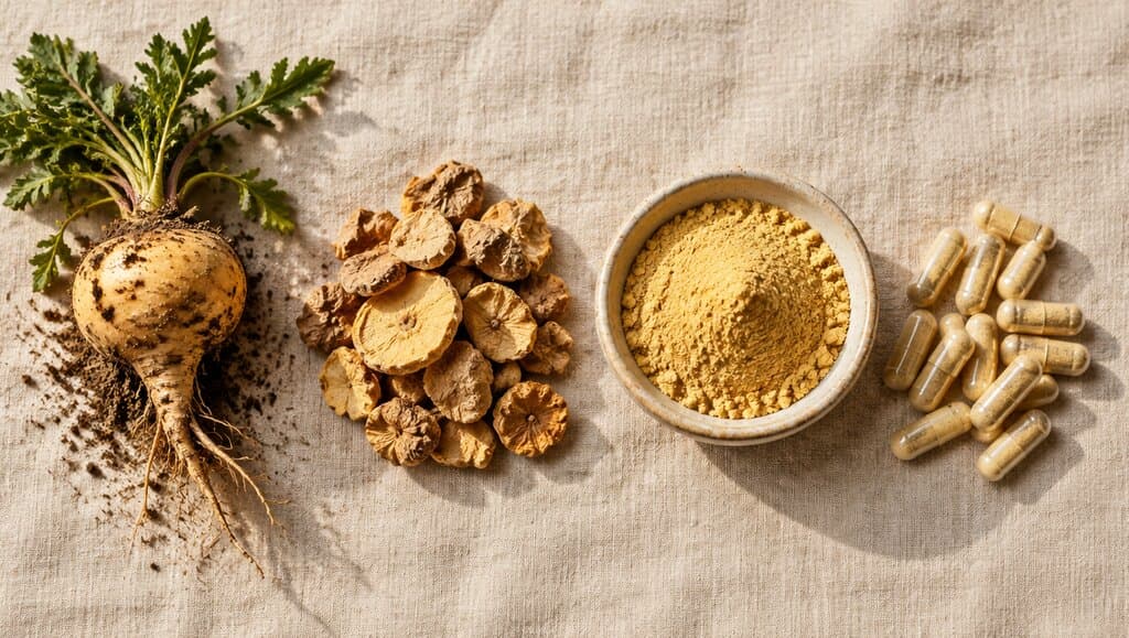 Flat lay : racine de maca, chips sechees, poudre et gelules sur lin creme, parcours de la parcelle au flacon.