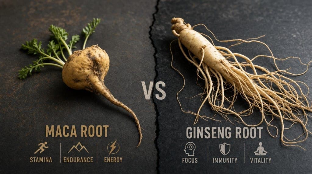 Ginseng vs Maca pour l'énergie : mécanismes différents, profils d'utilisateurs adaptés, données cliniques comparées.