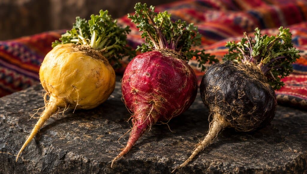 Trois racines fraîches de maca jaune, rouge et noire posées sur une pierre usée, textile péruvien en arrière-plan