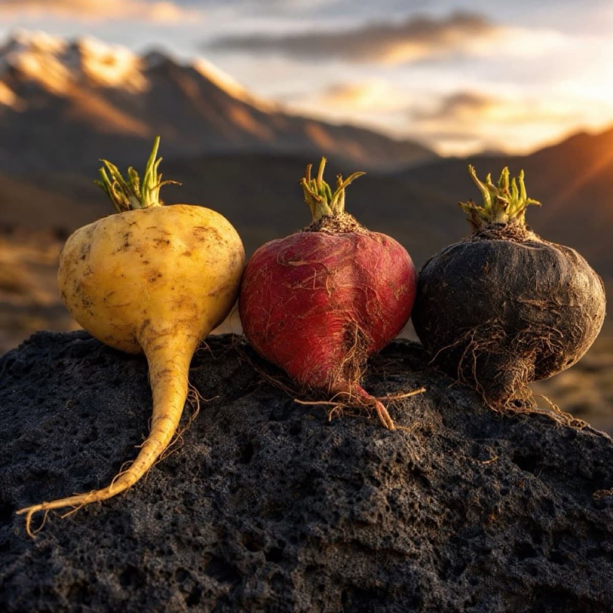 Maca jaune, rouge et noire sur roche volcanique — hauts plateaux andins au lever du soleil