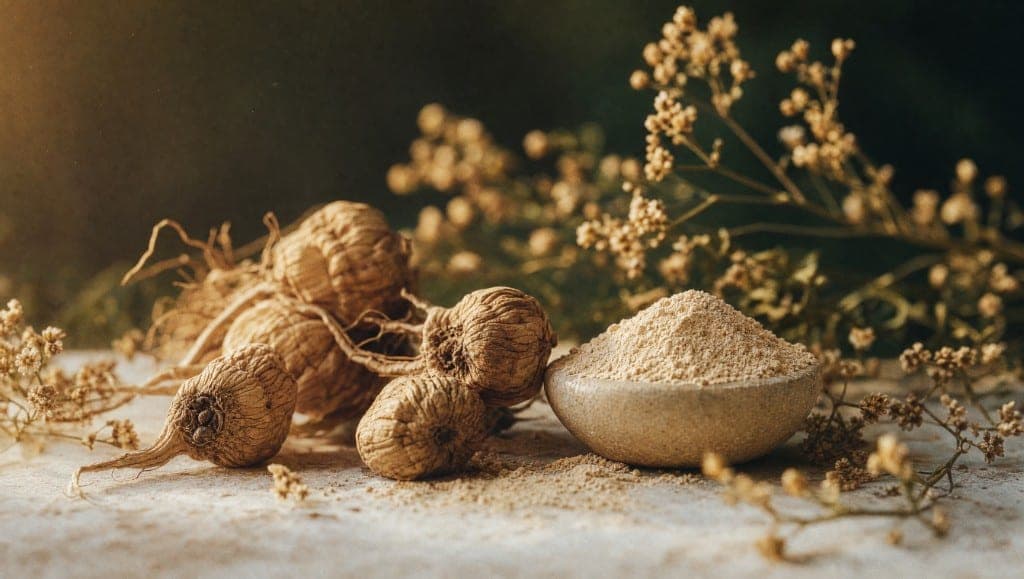 Racines de maca séchées et poudre de maca dans un bol de pierre, sur une table claire avec des fleurs sèches
