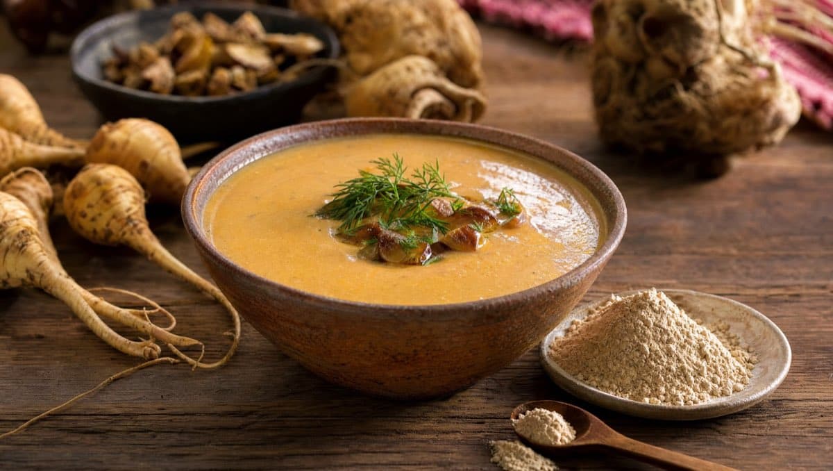 Un bol en terre cuite de velouté orangé garni d'aneth et d'oignons dorés, entouré de racines de maca et d'une coupelle de poudre.