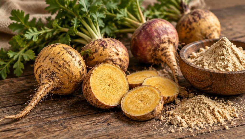 Racines de maca peruvienne fraiches sur bois rustique, coupe doree et poudre dispersee