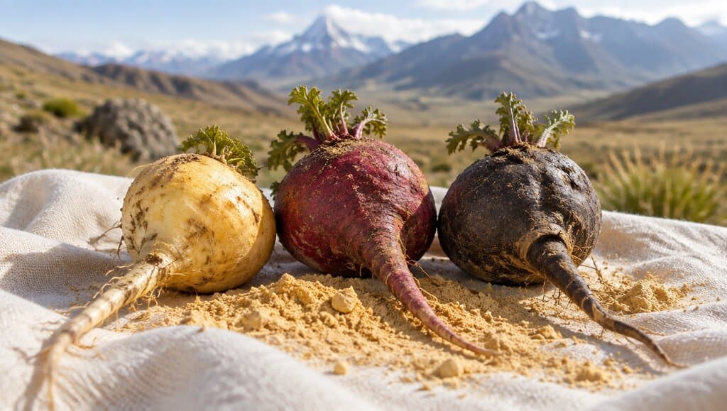 Racine de maca entière posée sur un plateau en terre cuite, avec des hauts plateaux andins en arrière-plan.