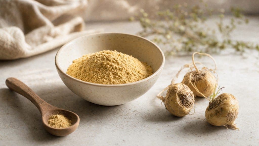 Un bol de poudre jaune, une cuillère en bois et trois racines claires posés sur un plan clair, avec un linge plié derrière.