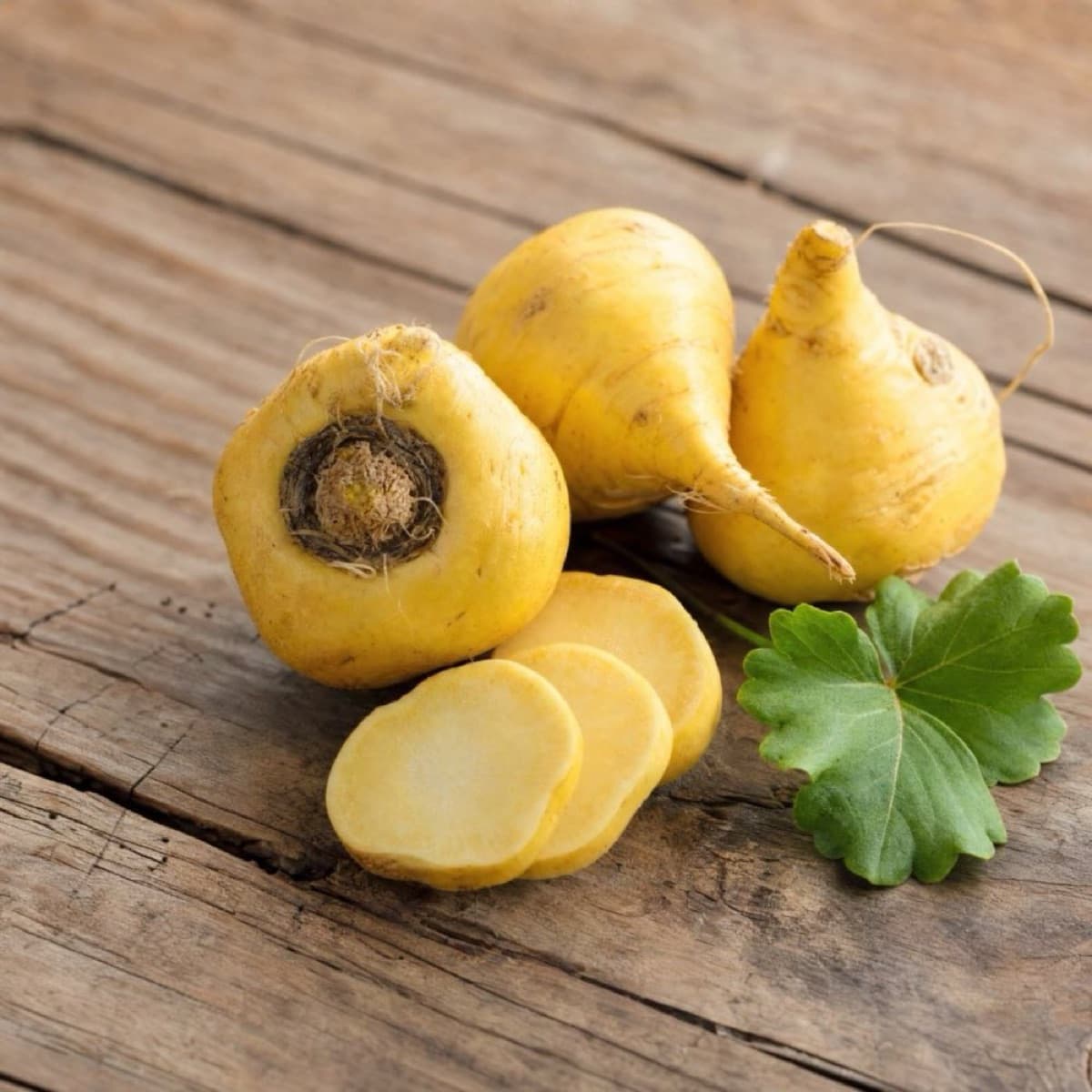 Maca jaune entière et tranchée sur planche de bois — racines andines fraîches