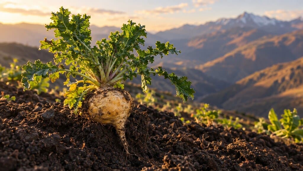 Plant de maca poussant dans le sol andin en altitude, racine partiellement exposée, paysage montagneux péruvien en arrière-plan