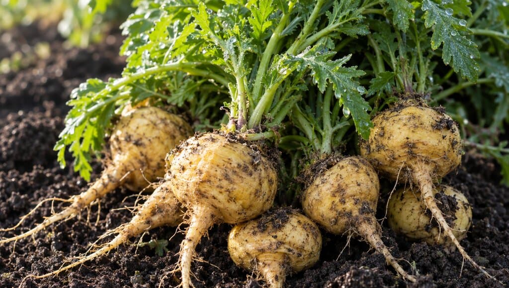 Grappe de racines de maca fraîches attachées à leurs tiges et feuilles vertes, posées sur de la terre sombre avec des gouttes de rosée