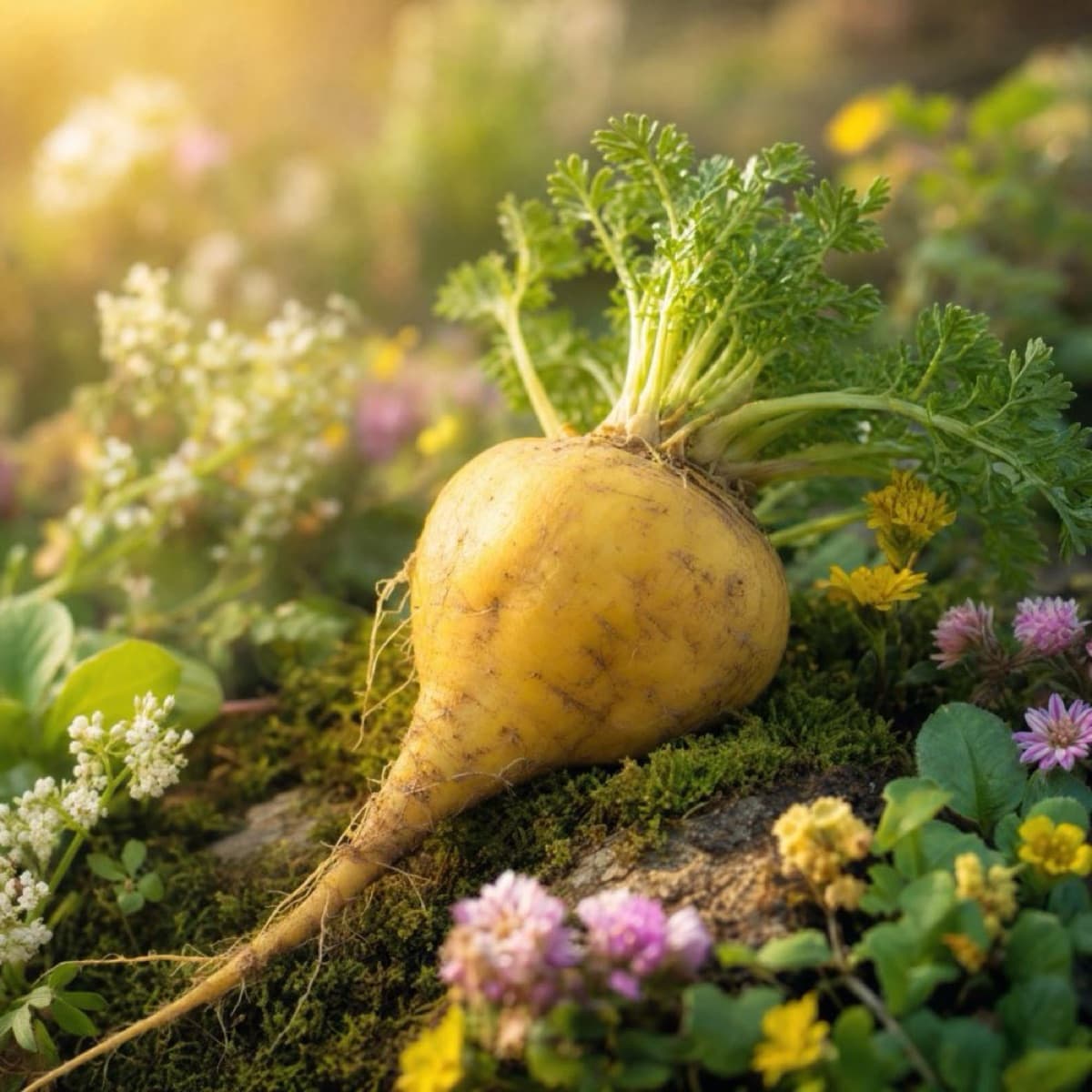 Maca jaune avec feuilles vertes — racine fraîche sur mousse et fleurs sauvages