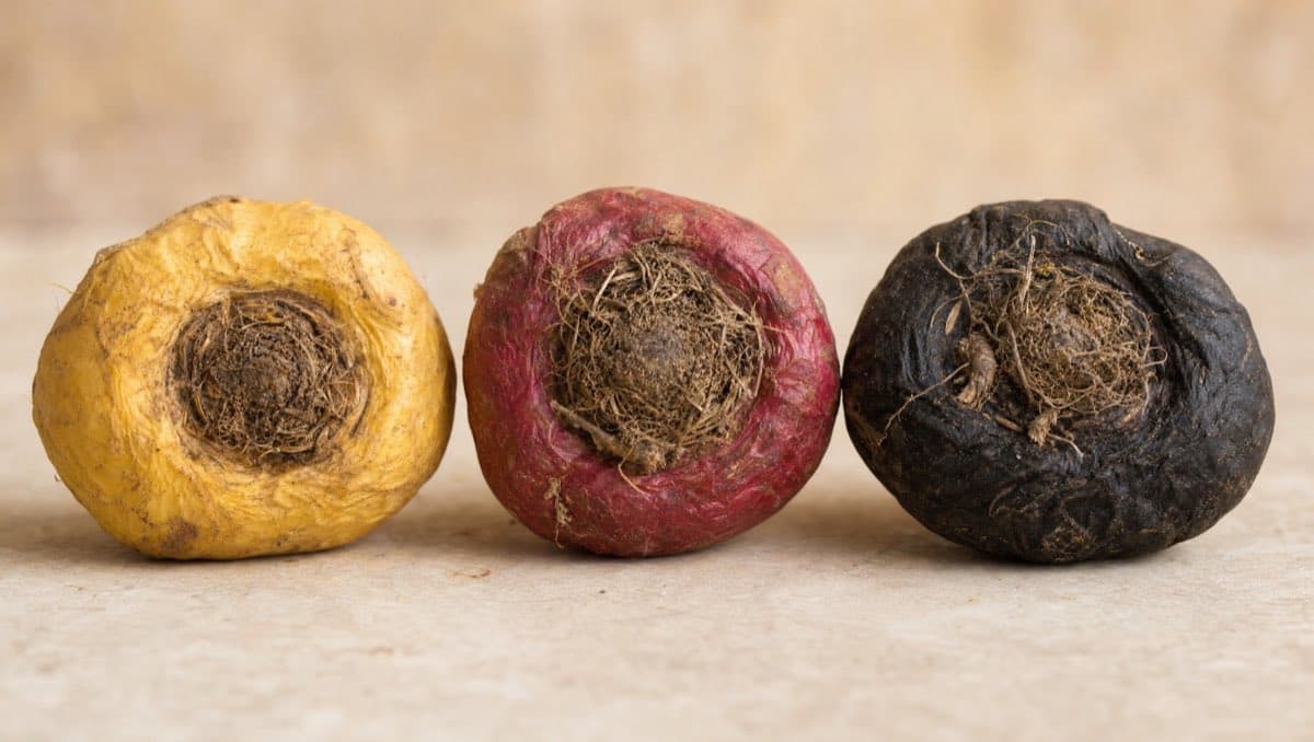 Maca rouge coupée en deux — racine andine sur pierre, feuillage tropical