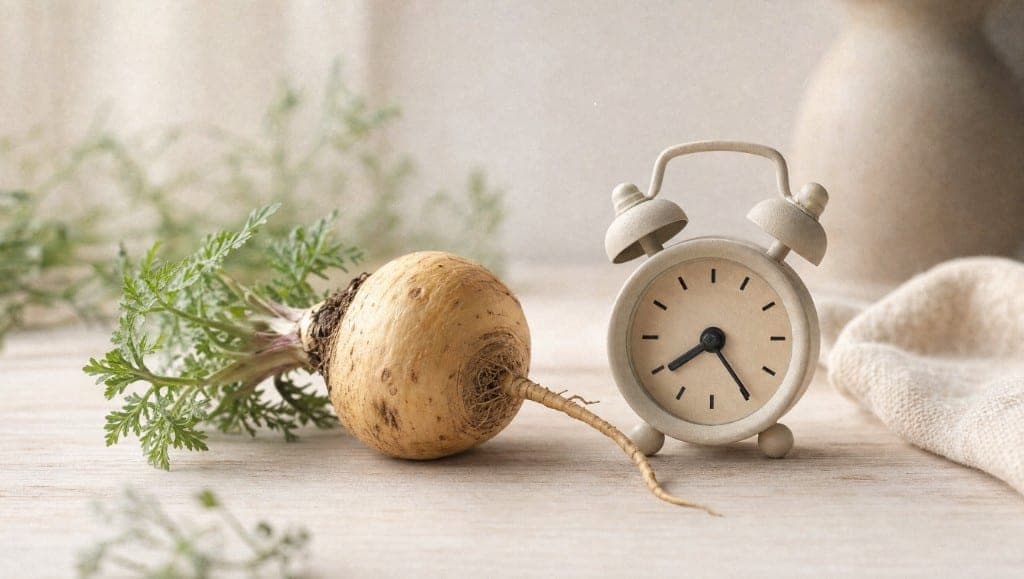 Une racine de maca à fanes vertes et un petit réveil posés sur un plan de travail clair, un tissu plié à côté.