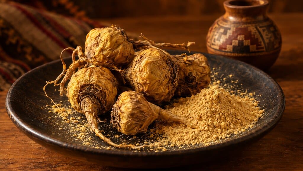 Racines de maca dorées et poudre jaune délicate sur une assiette en céramique sombre, récipient péruvien rustique en arrière-plan