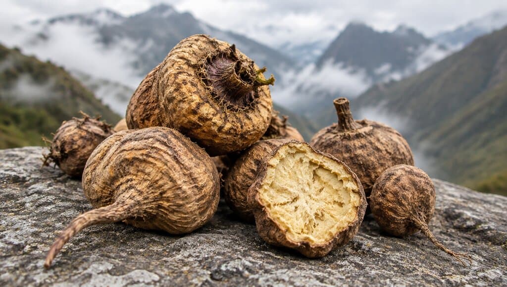 Racines de maca sechees empilees sur pierre andine avec une racine ouverte