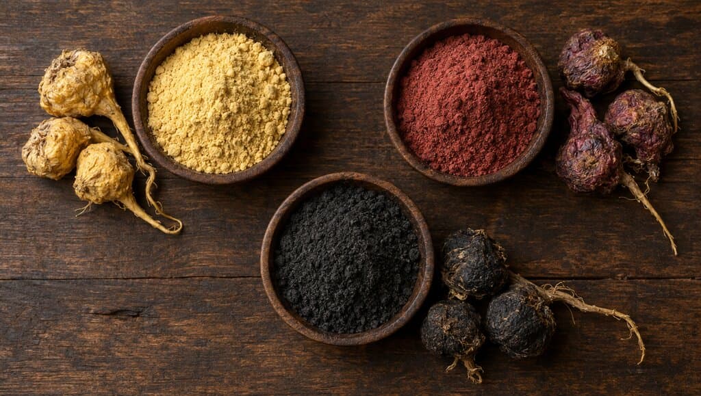 Trois poudres de maca jaune, rouge et noire dans de petits bols en bois sombre, racines séchées à côté de chaque bol