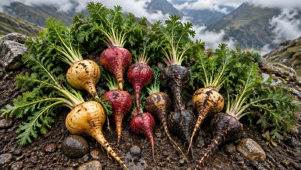 Racines de maca recoltees jaunes rouges et noires sur sol andin