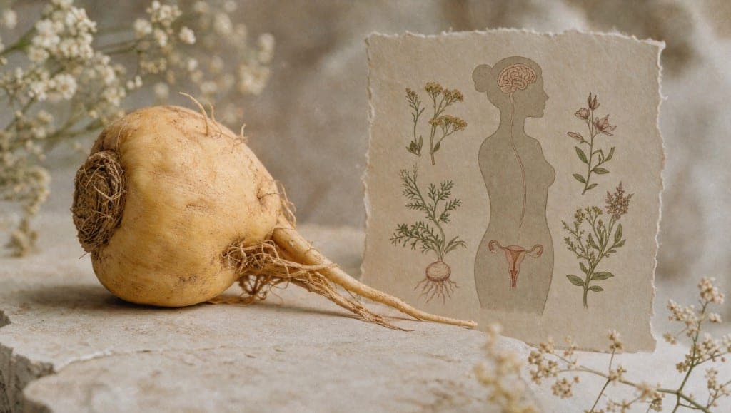Une racine de maca sur une pierre claire, à côté d'une planche botanique dessinée montrant une silhouette féminine et des plantes.