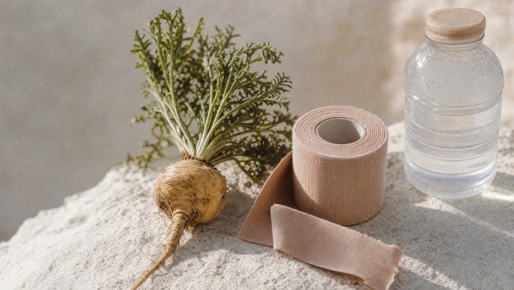 Racine de maca avec ses fanes, bande de strapping et gourde d'eau sur une pierre claire