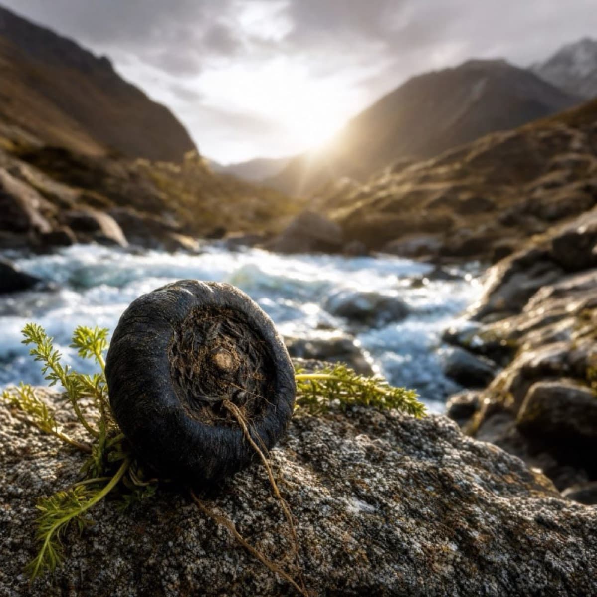 Maca noire sur roche andine — rivière de montagne au lever du soleil