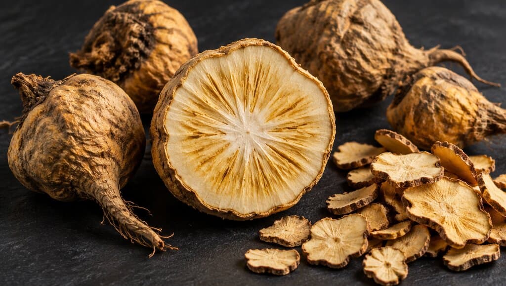 Coupe transversale de racine de maca sur ardoise avec chips sechees