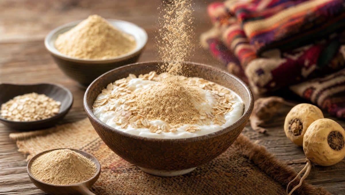Trois idées simples et rapides pour intégrer la maca à votre alimentation quotidienne : porridge, yaourt, boisson.