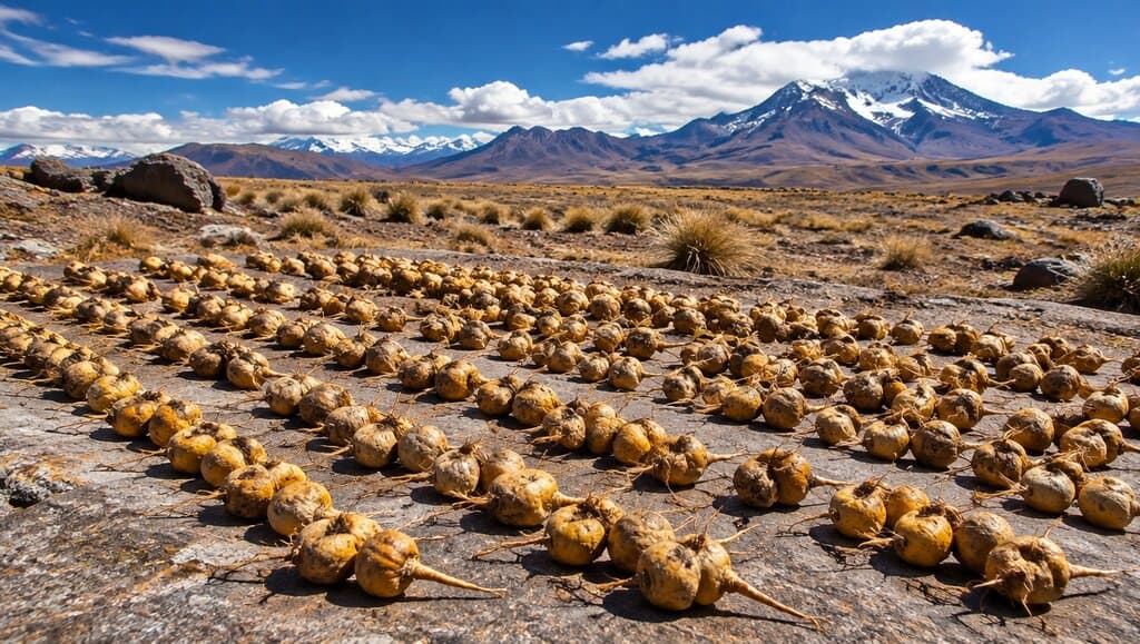 Sechage traditionnel de racines de maca etalees au soleil sur le plateau andin.