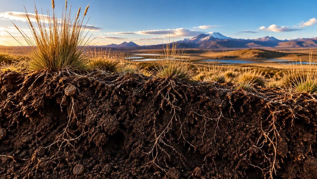 Sol andin d'altitude avec herbe ichu, plateau de Junin sous ciel ouvert.