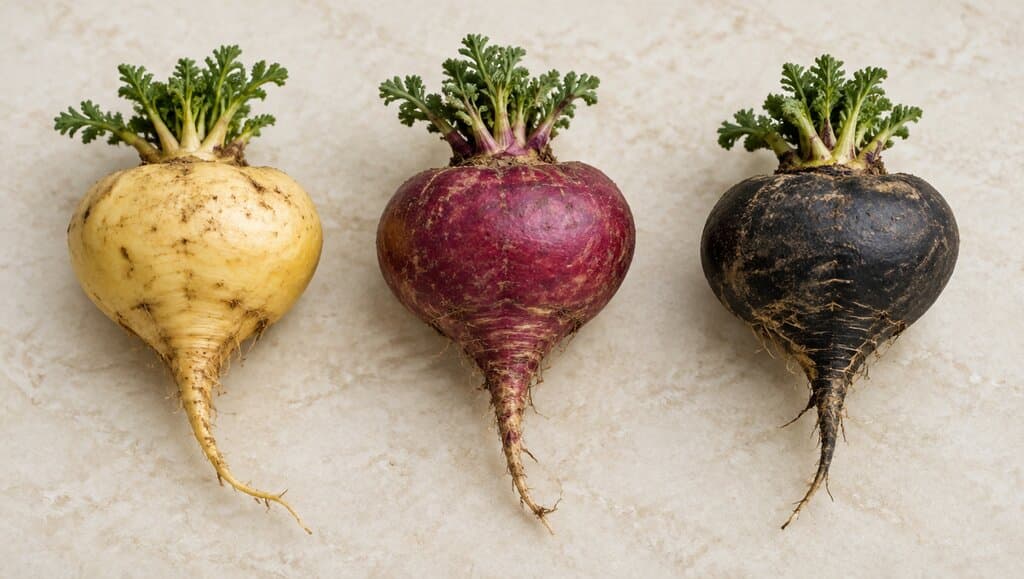 Trois ecotypes de maca cote a cote : jaune, rouge-violet et noire, sur pierre creme.
