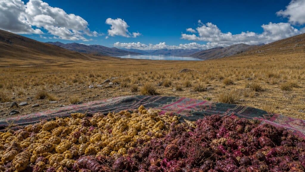 Tubercules jaunes et rouges étalés sur une couverture tissée, devant un plateau d'herbe sèche et un lac bordé de collines.