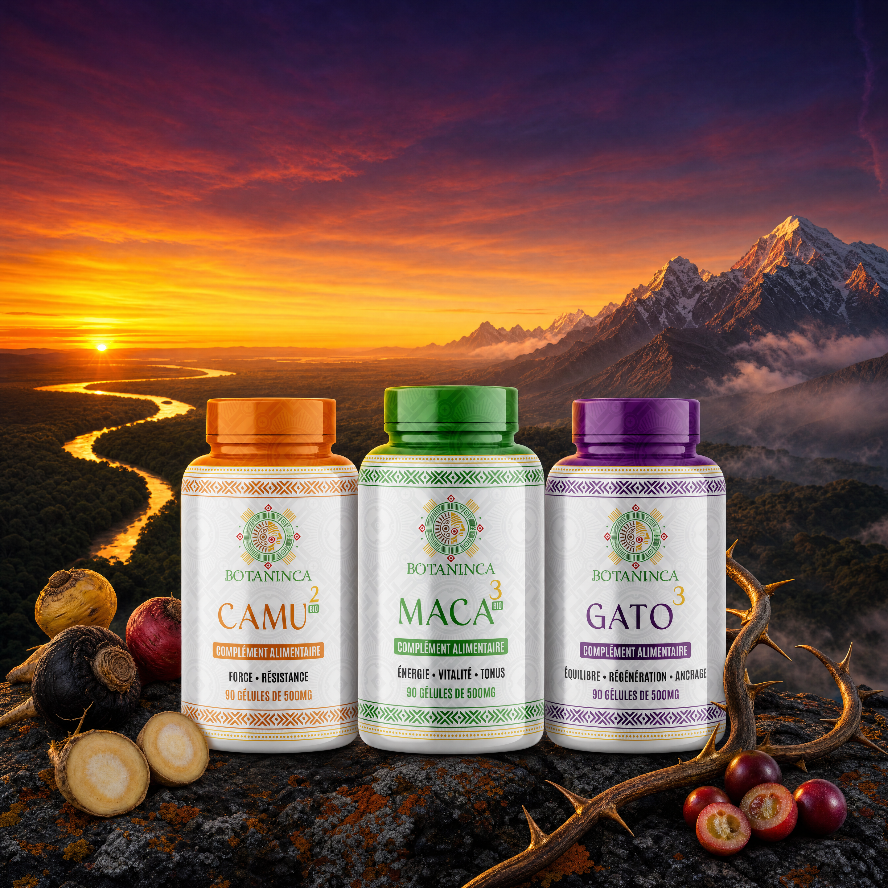 Flacons BOTANINCA MACA³ CAMU² GATO³ sur fond de nature andine